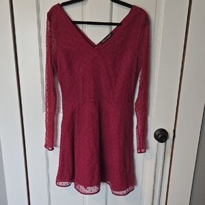 Red Long Sleeve V-Neck Fit and Flare Dress